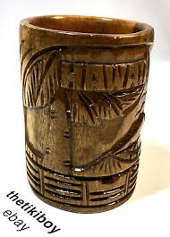 HAWAII TIKI MUG Vintage Carved Monkeypod WOOD Cup HANDLE ...