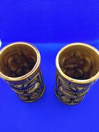 Vintage USA Pottery Leilani Tiki Mugs Two Sided Brown Pair ...