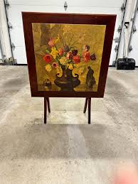 Antique Folding Card Table with Beautiful Floral Lithograph