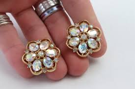 Vintage Crown Trifari AB Aurora Borealis Crystal Rhinestone CLIP Earrings Gold | eBay