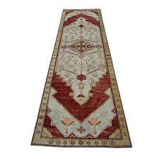 Turkish Oushak Runner Red Ivory Geometric Handwoven Wool ...