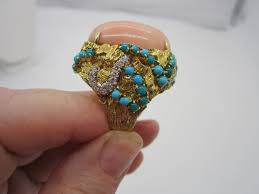 Massive Vintage 18K Gold Angel Skin Coral Diamond Turquoise 32.9 Gram Dome Ring | eBay