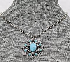 Silver Tone Chain Necklace 16" Blue Flower Pendant 1.75 ...