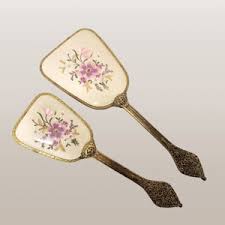 Dresser Vanity Set ,pink Floral Cross Stitch Hair Brush, Hand Mirror,ornate Gold Gilt Metal Filigree Dresser Set - Etsy