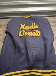 VTG 80's All Star Leather Letterman Varsity Jacket xl yellow blue nassele comets | eBay