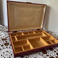 Vintage Red Plastic Jewelry Box Hard Gold Satin Felt Lined ...