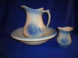 Blue and White Fishscale and Wild Roses Pitcher and Bowl ...