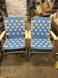 Pair of Vintage Folding Aluminum Lawn Patio Chair Blue White Teal Webbing | eBay