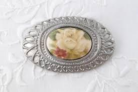 Floral Porcelain Brooch, White Rose Brooch, Oval Silver Tone ...