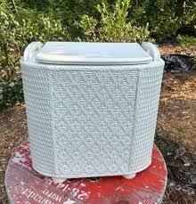 1950s Wicker Clothes Basket Wood Hinged Top Old White Paint ...