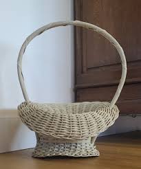Vintage WHITE WICKER FUNERAL FLOWER BASKET WITH BAMBOO ...