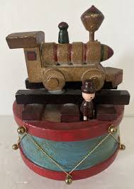 Circular Music Box Wood Train Bear Playing Drum Unique 5.5”H ...