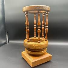 Vtg Unique Handmade Three-Piece Wooden Pillar Candle Holder Spindles Oak Earthy | eBay