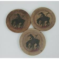 Set of 3 Wooden Coasters W/ Holder Indian on Horse ...