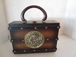 VTG. Royal London wood box Hand purse metal coat of arms studs Treasure 1960's | eBay