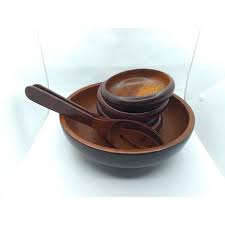 Set of Large Teak Wood Salad Bowl & 4 Small Bowls With Serving Fork and Spoon Marked Handmade in in Haiti MCM Style Read - Etsy