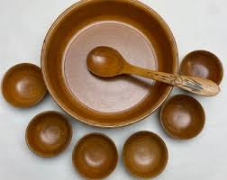 Vintage Wood Rice Bowl 8 Piece SET 1 Large 6 Small Bowls With Spoon Oriental Chinese Japanese Etched Painted Floral Design Made in Japan - Etsy