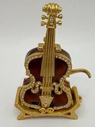 Vintage Enameled Violin Trinket Box: Jeweled Goldtone Stand ...