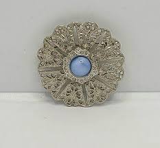 Vtg Silvertone Blue Satin Glass Filigree Rhinestone Round 1.5" Pin Brooch Unsign | eBay