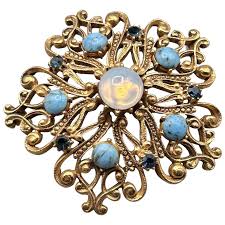 Signed Florenza Pin Brooch Gold Tone Blue Cabochons Opaline Stone . For Sale at Ruby Lane