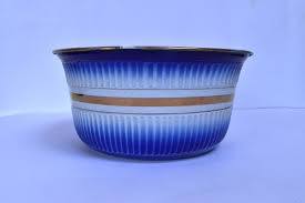 Vintage Enamelware Basin Bowl Pot Gilt Rim Blue White Ribbed ...