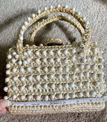 Vintage white beaded cream macrame Raffia small Hand purse ...
