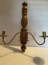 VTG WOOD & Brass Wall Candle Scone Country Boho Cottage Farm Mod Holds 2 Tapers | eBay