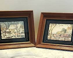 Pair of Vintage Currier & Ives Framed Prints to Brighten Your Walls. Spring and Winter Seasons in Brown Wood Frames by Tucker Accessories. - Etsy