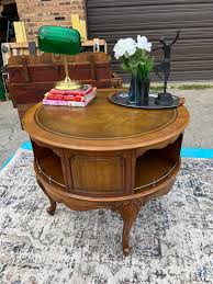 Antique Leather Top Drum Table: Rotating Lazy Susan, Queen ...