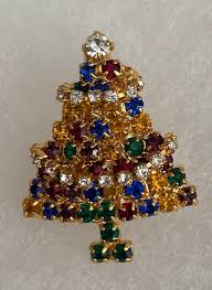 Vintage Gold Tone Crystal Christmas Tree Holiday Brooch Pin ...
