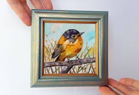 Cute bird 4x4 inches Mini oil painting framed on stand read ...