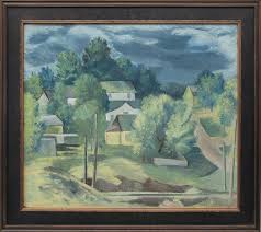 Paul Kauver Smith - Colorado Hill Town with Storm Clouds, 1940s Modernist Landscape, Lush Green For Sale at 1stDibs | joe kay hilltown pa, kauver, joseph kay hilltown pa