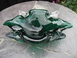 Mid-century Green & Clear Art Glass Bowl Controlled Bubbles ...
