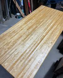 ✴️ SOLD: Solid wood vintage butcherblock trestle dining table with a great natural shimmer, fully refinished 🧰 Overall 35.5” d x 30” h x 72” w; Under table 28.5 h x 38”