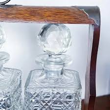 Antique Oak & Brass Tantalus With Set of 3 Whiskey or ...