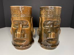 Set Of TWO Vtg Westwood Japan Tiki Brown Mugs Steins w ...