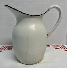 Vintage White Black Trim Large Enamel Pitcher Jug Farmhouse ...