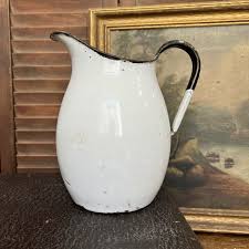 Vintage White Enamel Porcelain Water Pitcher with Black Trim ...