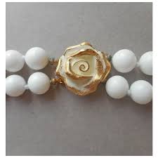 Summer White Milk Glass Beads 2 Strand Necklace Vintage Gold Tone Rose. For Sale at Ruby Lane