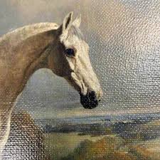Gray Horse With Ducks Framed Print on Canvas in Antiqued Gold Frame | Chairish