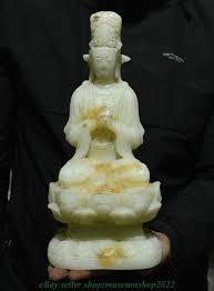 12" Old Chinese White Jade Carve Buddhism Sit Kwan-yin Guan ...