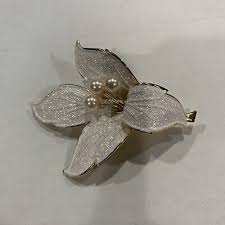 Vintage White Glitter Enamel Pearl Flower Orchid Brooch | eBay
