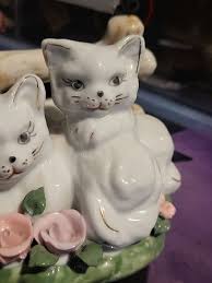 Vintage Ceramic Cats Japanese Statue Pair Of Cats In Bed Of ...
