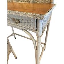 Mid 20th Century Vintage Mid Century Wicker & Wood Top Writing Desk and Chair Set of 2 | Chairish