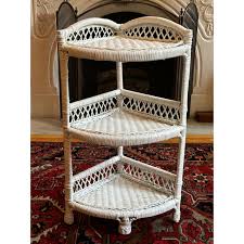 Vintage White Wicker Corner Étagère | Chairish