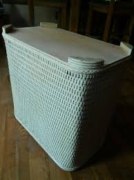 Laundry Hamper Basket [20''x20''x12''] White Woven Wicker Wood w/ Hinged Lid Vtg | eBay UK