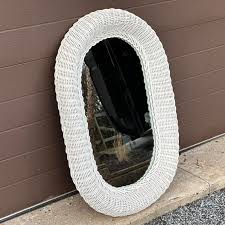 Vintage Petite White Painted Woven Wicker Rattan Framed Oval ...
