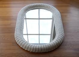 Vintage 1970s Boho White Wicker Racetrack Mirror | Chairish