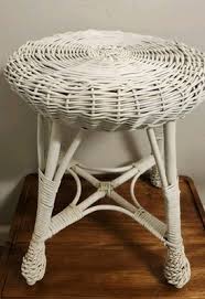 Vtg 18½" Tall Mid Century Round White Wicker Vanity Stool ...