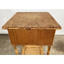 Antique Scorched Bamboo Caned Top Sewing Table | Chairish